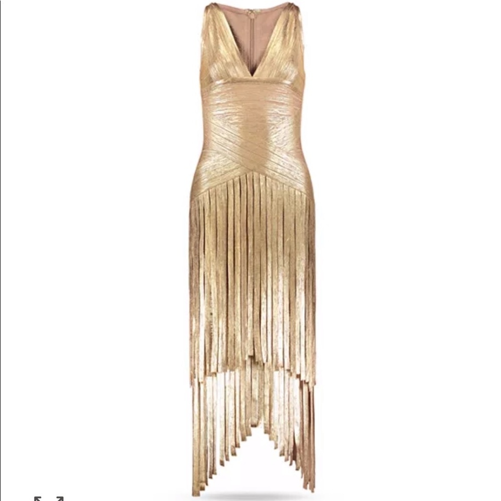 Rare Herve Leger Deep V Layered Foil Fringe Dress